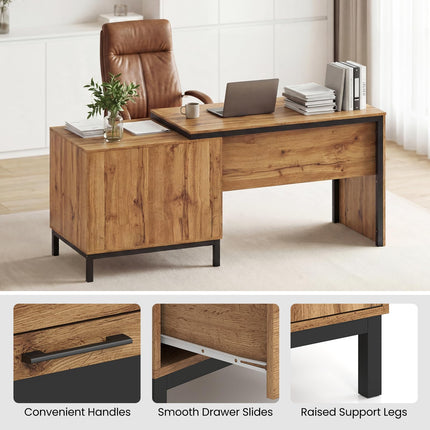 Dreamade 71" Farmhouse Executive Desk with Open Compartments Storage Drawers & Single-Door Cabinet