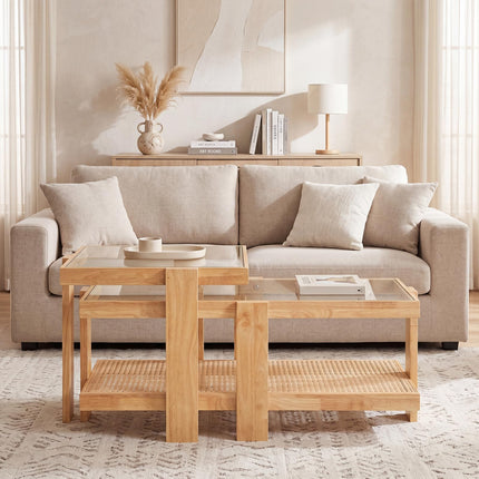 Dreamade Nesting Coffee Table Set of 2 with Tempered Glass Top & Solid Rubber Wood Frame