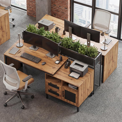 Dreamade 71" Farmhouse Executive Desk with Open Compartments Storage Drawers & Single-Door Cabinet