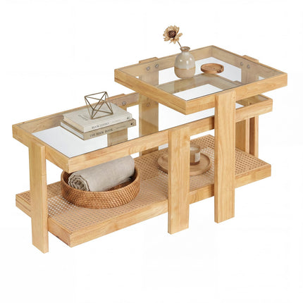 Dreamade Nesting Coffee Table Set of 2 with Tempered Glass Top & Solid Rubber Wood Frame