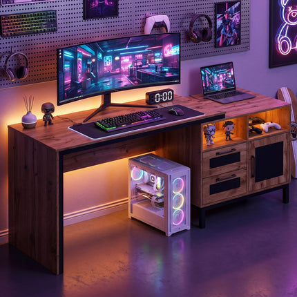 Dreamade 71" Farmhouse Executive Desk with Open Compartments Storage Drawers & Single-Door Cabinet