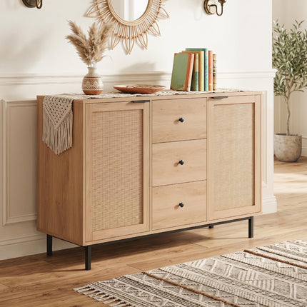 Dreamade 47.5 Sideboard Buffet Cabinet with Storage with 2 Rattan Doors and 3 Drawers