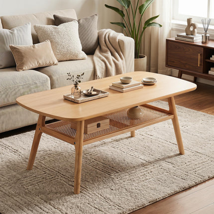 Dreamade Rattan Coffee Table with Storage & Solid Rubber Wood Legs