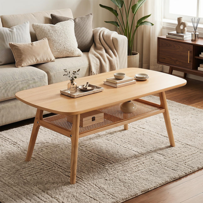 Dreamade Rattan Coffee Table with Storage & Solid Rubber Wood Legs