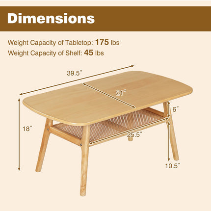 Dreamade Rattan Coffee Table with Storage & Solid Rubber Wood Legs
