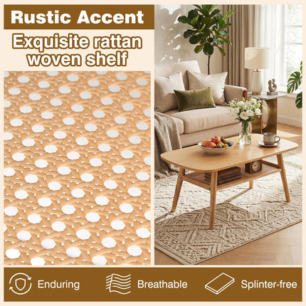 Dreamade Rattan Coffee Table with Storage & Solid Rubber Wood Legs