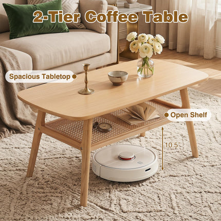 Dreamade Rattan Coffee Table with Storage & Solid Rubber Wood Legs