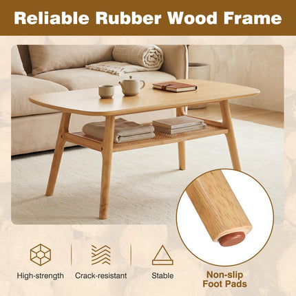Dreamade Rattan Coffee Table with Storage & Solid Rubber Wood Legs