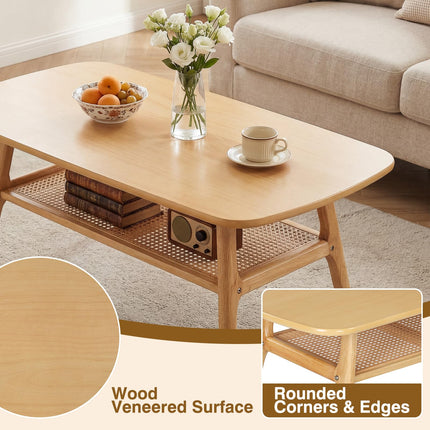 Dreamade Rattan Coffee Table with Storage & Solid Rubber Wood Legs