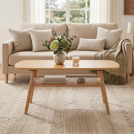 Dreamade Rattan Coffee Table with Storage & Solid Rubber Wood Legs