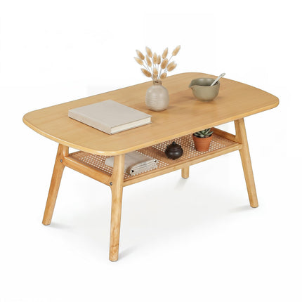 Dreamade Rattan Coffee Table with Storage & Solid Rubber Wood Legs