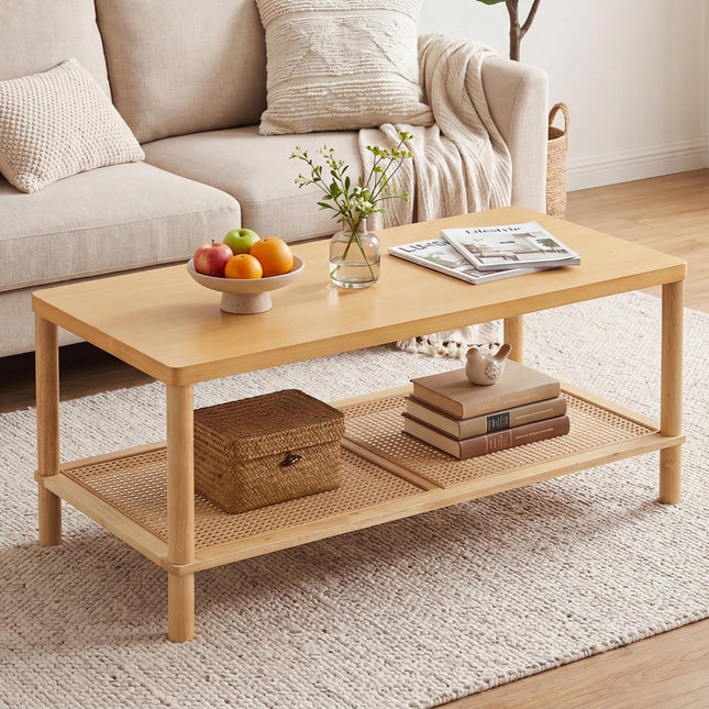 Dreamade Rattan Coffee Table with Rubber Wood Frame & PVC Rattan Storage Shelf