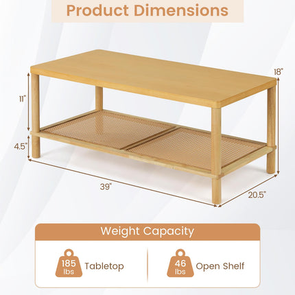 Dreamade Rattan Coffee Table with Rubber Wood Frame & PVC Rattan Storage Shelf