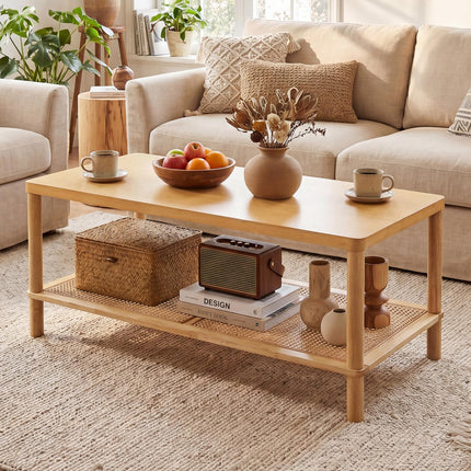 Dreamade Rattan Coffee Table with Rubber Wood Frame & PVC Rattan Storage Shelf