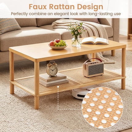 Dreamade Rattan Coffee Table with Rubber Wood Frame & PVC Rattan Storage Shelf