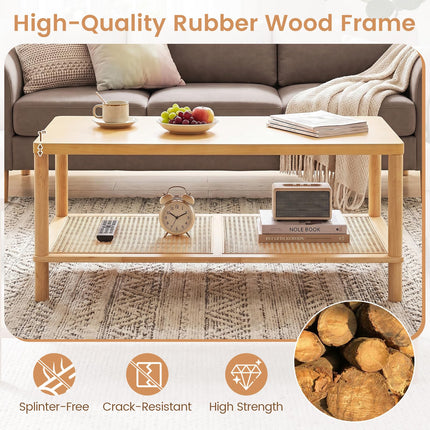 Dreamade Rattan Coffee Table with Rubber Wood Frame & PVC Rattan Storage Shelf