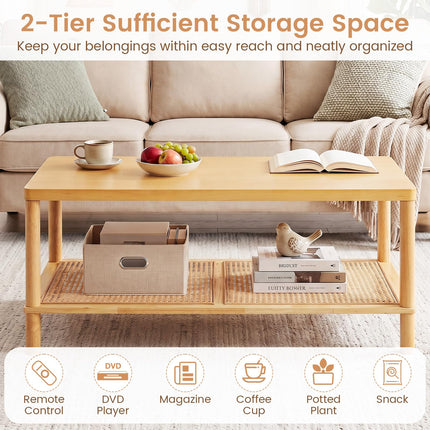 Dreamade Rattan Coffee Table with Rubber Wood Frame & PVC Rattan Storage Shelf