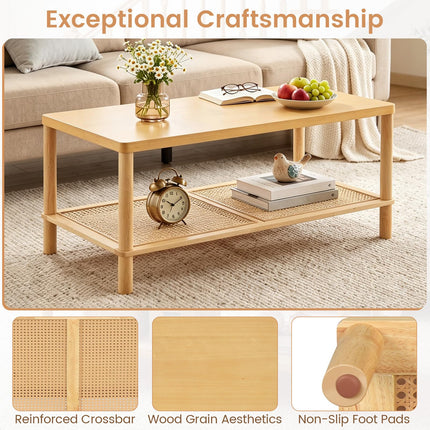 Dreamade Rattan Coffee Table with Rubber Wood Frame & PVC Rattan Storage Shelf