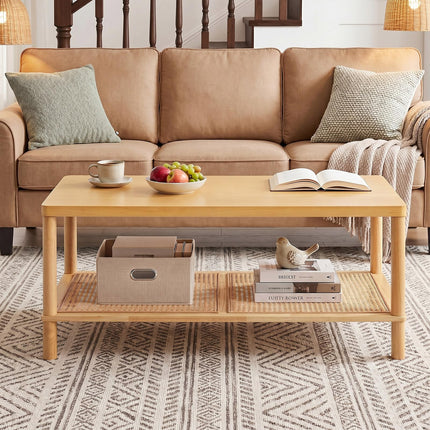 Dreamade Rattan Coffee Table with Rubber Wood Frame & PVC Rattan Storage Shelf