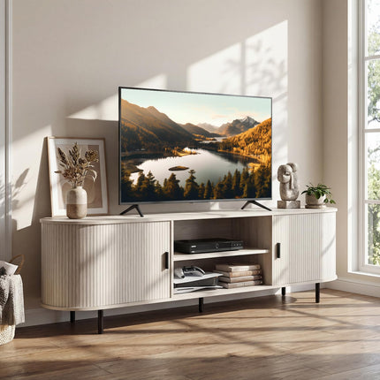 Dreamade Fluted TV Stand for 80" TVs with Fluted Sliding Doors & Open Shelves