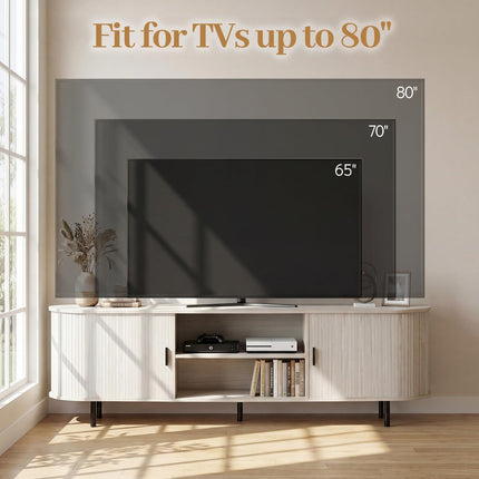 Dreamade Fluted TV Stand for 80" TVs with Fluted Sliding Doors & Open Shelves