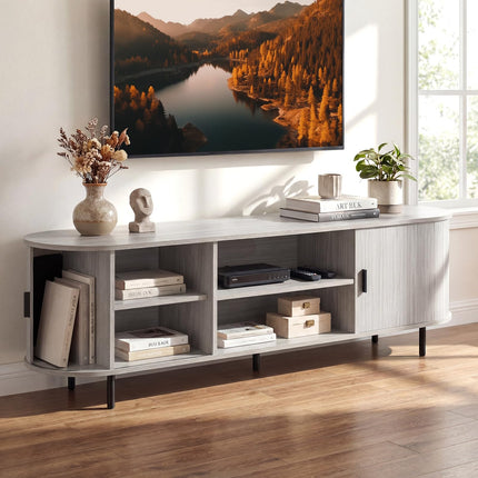 Dreamade Fluted TV Stand for 80" TVs with Fluted Sliding Doors & Open Shelves