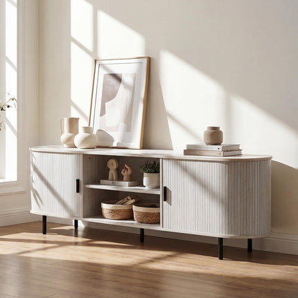 Dreamade Fluted TV Stand for 80" TVs with Fluted Sliding Doors & Open Shelves