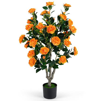 Dreamade 39.5" Artificial Camellia Tree | Faux Flower Plant Tree in Cement-Filled Pot with Blossoms