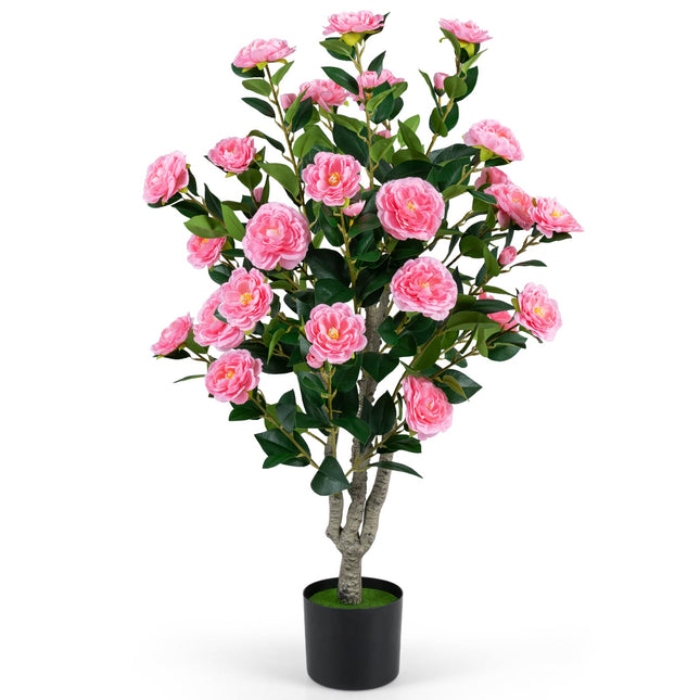 Dreamade 39.5" Artificial Camellia Tree | Faux Flower Plant Tree in Cement-Filled Pot with Blossoms