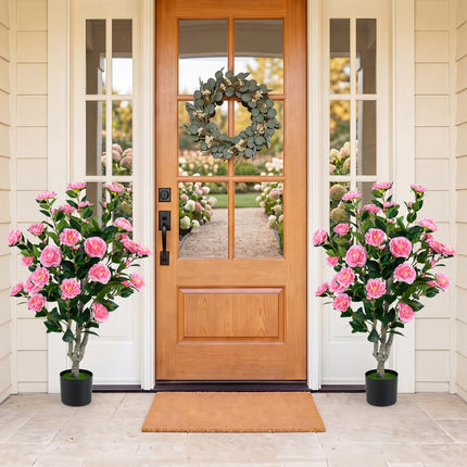 Dreamade 39.5" Artificial Camellia Tree | Faux Flower Plant Tree in Cement-Filled Pot with Blossoms