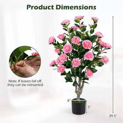 Dreamade 39.5" Artificial Camellia Tree | Faux Flower Plant Tree in Cement-Filled Pot with Blossoms