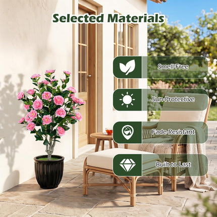 Dreamade 39.5" Artificial Camellia Tree | Faux Flower Plant Tree in Cement-Filled Pot with Blossoms