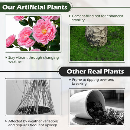 Dreamade 39.5" Artificial Camellia Tree | Faux Flower Plant Tree in Cement-Filled Pot with Blossoms