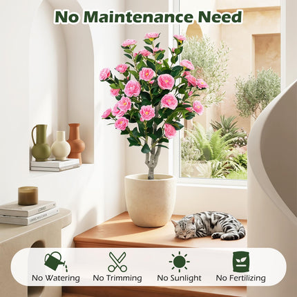 Dreamade 39.5" Artificial Camellia Tree | Faux Flower Plant Tree in Cement-Filled Pot with Blossoms