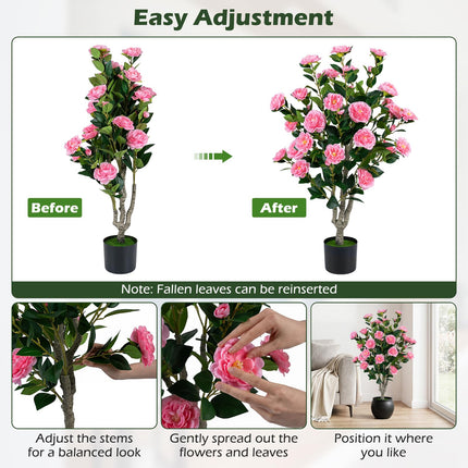 Dreamade 39.5" Artificial Camellia Tree | Faux Flower Plant Tree in Cement-Filled Pot with Blossoms