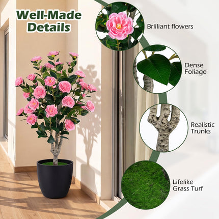 Dreamade 39.5" Artificial Camellia Tree | Faux Flower Plant Tree in Cement-Filled Pot with Blossoms