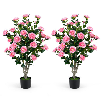 Dreamade 39.5" Artificial Camellia Tree | Faux Flower Plant Tree in Cement-Filled Pot with Blossoms