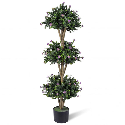 Dreamade 51" Artificial Triple Ball Boxwood Topiary Tree with 59 Blossoms & Cement-Filled Plastic Pot