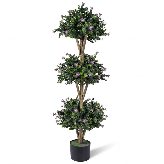 Dreamade 51" Artificial Triple Ball Boxwood Topiary Tree with 59 Blossoms & Cement-Filled Plastic Pot