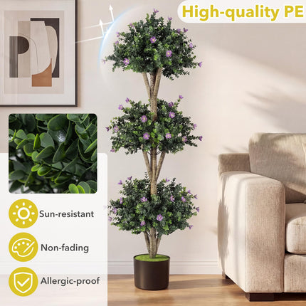Dreamade 51" Artificial Triple Ball Boxwood Topiary Tree with 59 Blossoms & Cement-Filled Plastic Pot