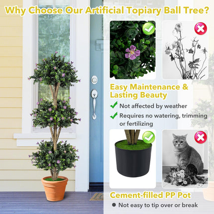 Dreamade 51" Artificial Triple Ball Boxwood Topiary Tree with 59 Blossoms & Cement-Filled Plastic Pot