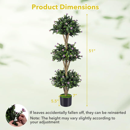 Dreamade 51" Artificial Triple Ball Boxwood Topiary Tree with 59 Blossoms & Cement-Filled Plastic Pot