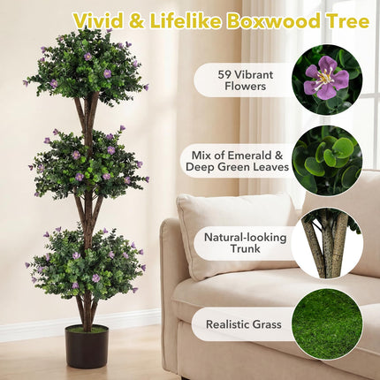 Dreamade 51" Artificial Triple Ball Boxwood Topiary Tree with 59 Blossoms & Cement-Filled Plastic Pot