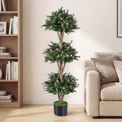 Dreamade 51" Artificial Triple Ball Boxwood Topiary Tree with 59 Blossoms & Cement-Filled Plastic Pot