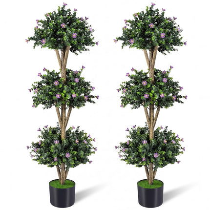 Dreamade 51" Artificial Triple Ball Boxwood Topiary Tree with 59 Blossoms & Cement-Filled Plastic Pot