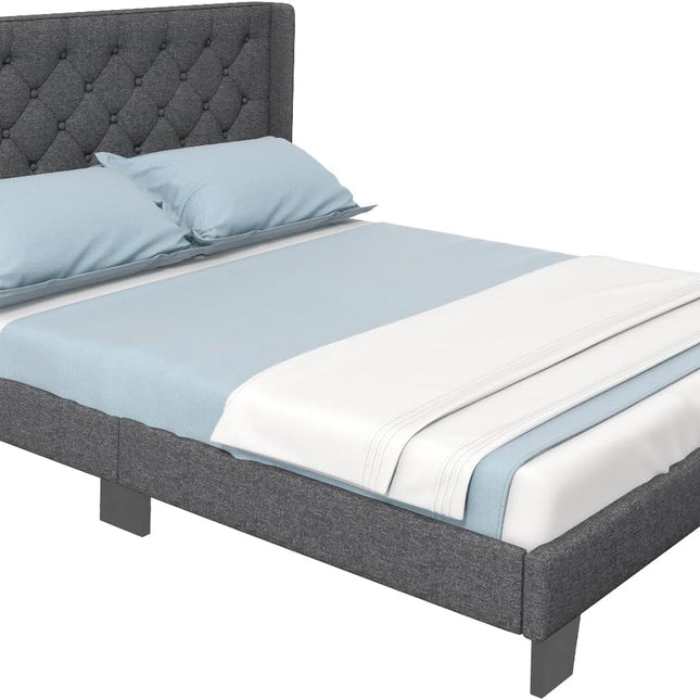 Dreamade Queen/Full/Twin Size Bed Frame with Button Tufted Headboard, Modern Fabric Upholstered Platform Bed with Wingback Design, Grey