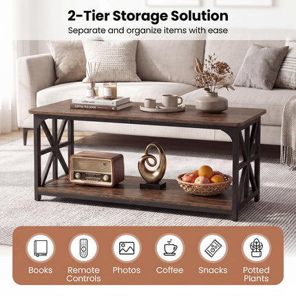 Dreamade 43" Farmhouse Coffee Table with Storage & X-Shaped Frames