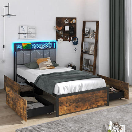 Dreamade Queen/Full/Twin Size LED Bed Frame with Charging Station, Metal Platform Bed with Upholstered Headboard & 4 Storage Drawers