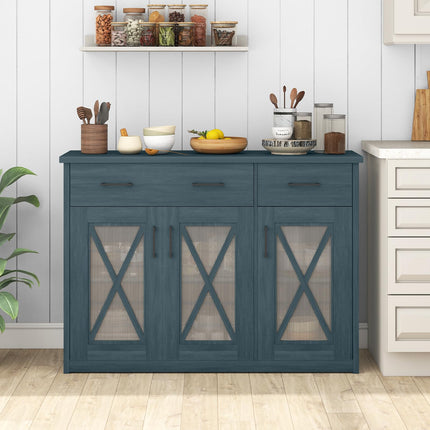 Dreamade 47" Farmhouse Buffet Cabinet w/Fluted Glass Doors 2 Drawers & Adjustable Shelves
