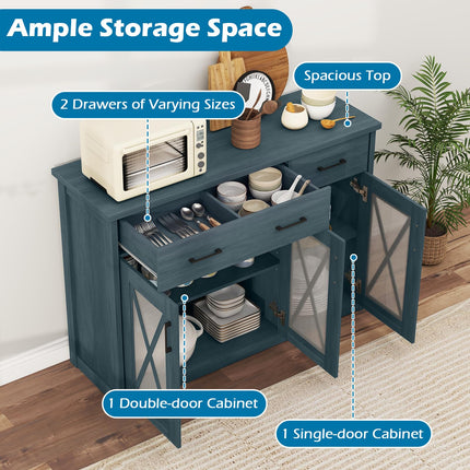Dreamade 47" Farmhouse Buffet Cabinet w/Fluted Glass Doors 2 Drawers & Adjustable Shelves
